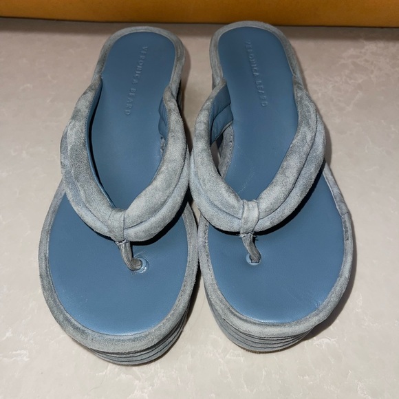 EUC Veronica Beard Geno Ribbed Suede Platform Wedge Thong Sandals - Picture 2 of 8